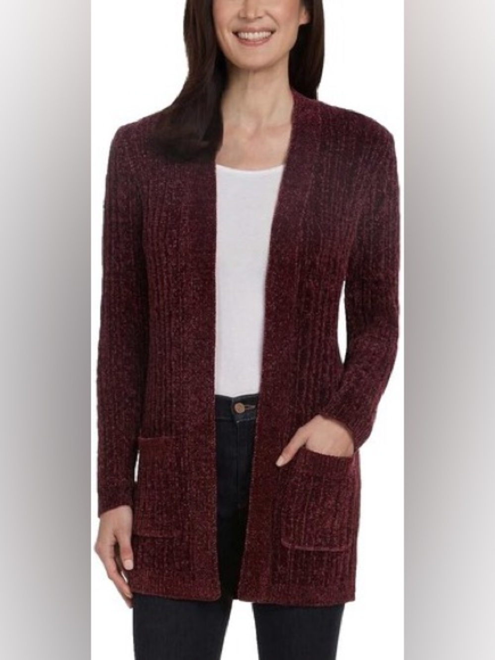 Matty M Burgundy Open-Front Chenille Cardigan